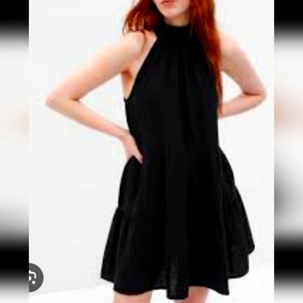 GAP Womens SZ LG Tall black gauzy crinkle halter tiered mini dress boho vacation